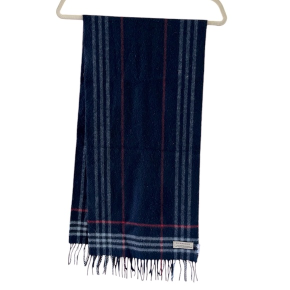 Burberry Cashmere wool blend winter Scarf Blue red and white with fringe - Picture 7 of 17